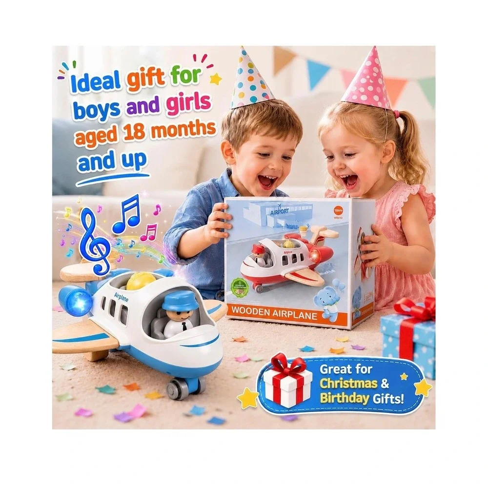 Wanborns Blue White Toy Airplane Set with Light and Sound 2 Figures Kids Play